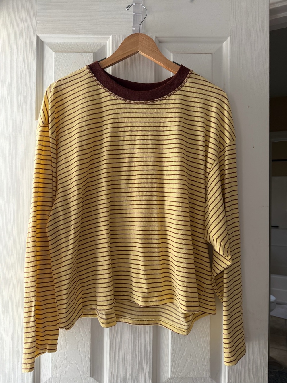 emory park Yellow Striped Long Sleeve Top with Brown/Maroon Trim